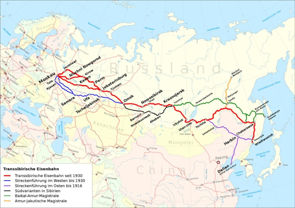 Karte der Transsibirischen Eisenbahn mit verschiedenen Streckenführungen durch Russland, Sibirien, die Mongolei und China seit 1916.