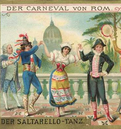 Tänzer in historischen Kostümen führen beim Karneval in Rom den Saltarello-Tanz auf, im Hintergrund ist der Petersdom zu sehen.