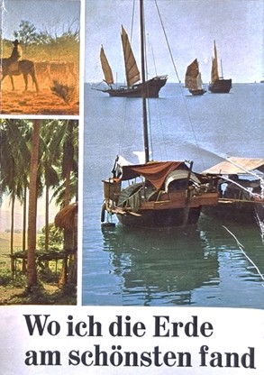Historische Buchseite mit Segelbooten am Ufer, kleiner Reiterszene, Palmenbild und dem Titel „Wo ich die Erde am schönsten fand“.
