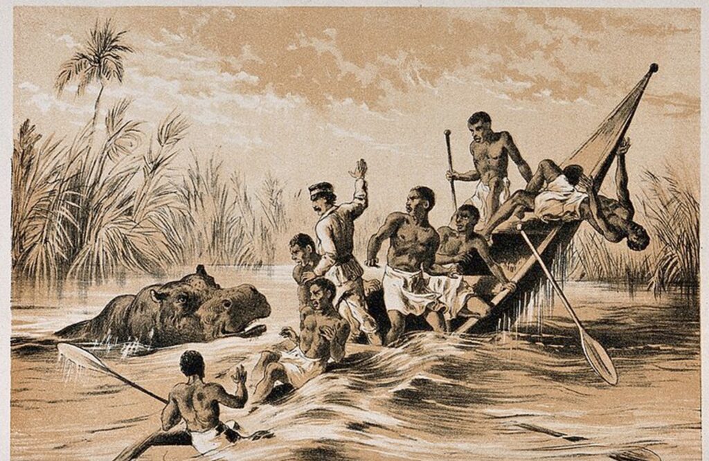 Historische Illustration einer Bootsreise auf einem Fluss, bedroht von einem Nilpferd, während mehrere Männer panisch ins Wasser stürzen.