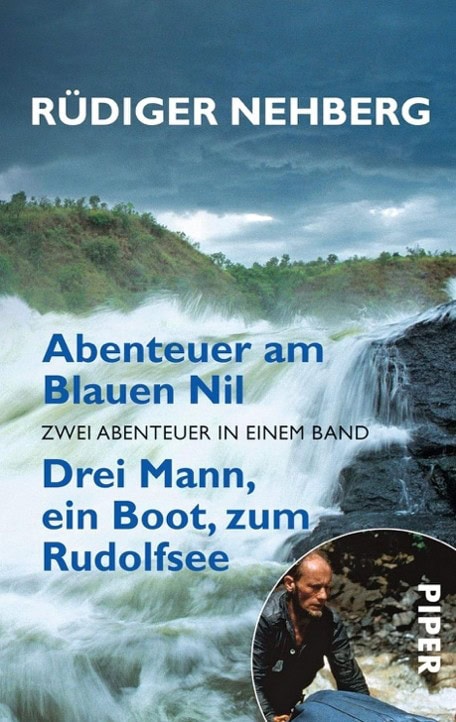 Buchcover „Abenteuer am Blauen Nil“ von Rüdiger Nehberg mit Wasserfall, dunklem Himmel und kleinem Autorenfoto.