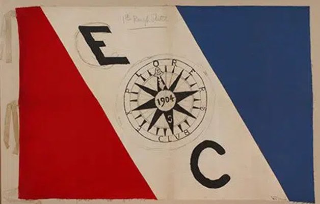 Altes Emblem mit Kompass, E, C, und rot-weiß-blauem Hintergrund.