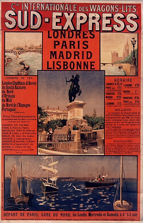 Historisches Werbeplakat für den internationalen Schlafwagenzug „Sud-Express“ mit Verbindungen von London, Paris, Madrid und Lissabon. Rote Typografie, Fahrplan- und Gepäckangaben sowie Illustrationen von Paris, Eisenbahnstrecke und Schiffen informieren über Abfahrt ab Gare du Nord mittwochs und samstags um 18:53 Uhr.
